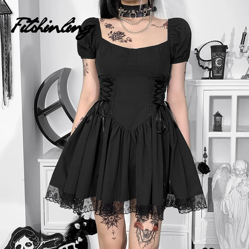 

Fitshinling Gothic Dress Lace Up Square Collar Draped Robe Sweet Partywear Puff Sleeve Dresses Tunic Street Preppy Style Vestido