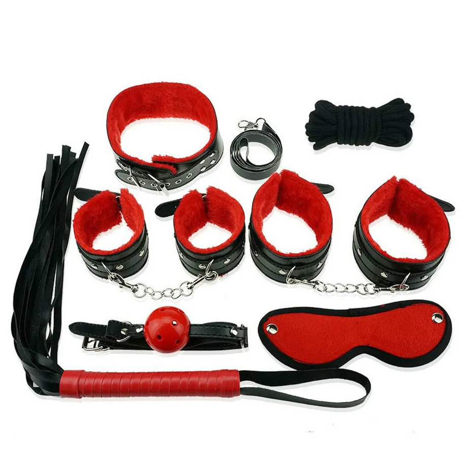 

loaey 7 Pcs Set Fetish Sex Bondage Woman Slave Restraint Adult Sex Toys for Couples Handcuffs Nipple Clamps Whip Erotic Toys