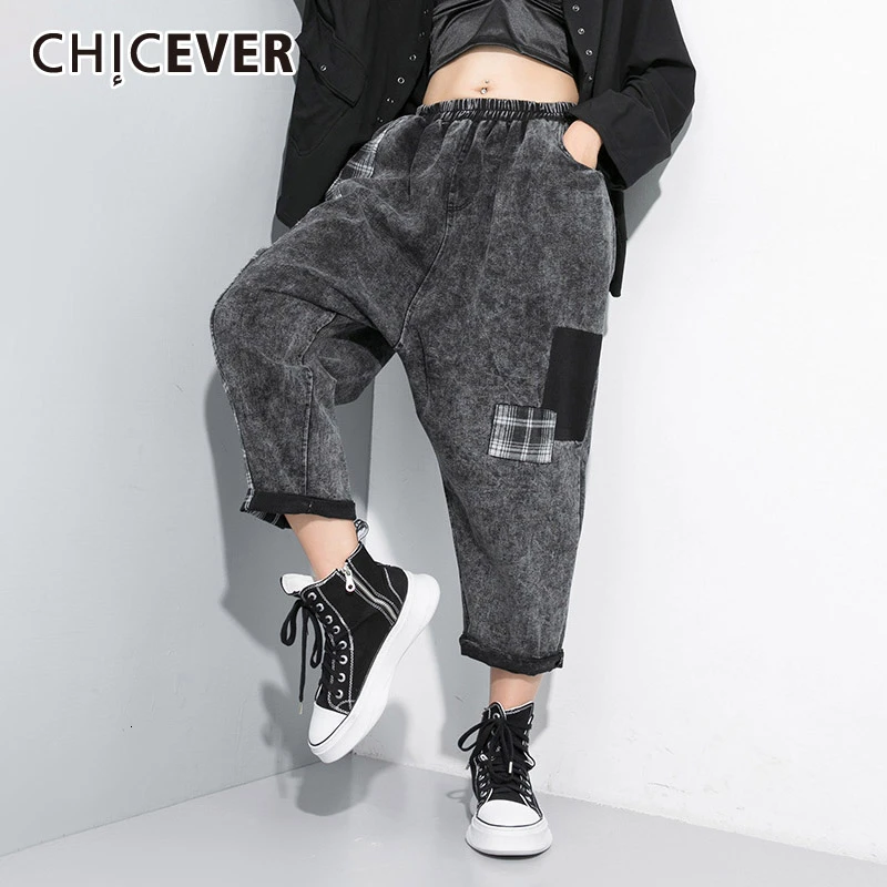 CHICEVER Лоскутные клетчатые джинсовые брюки для женщин миди Талия хит цвет оверсайз