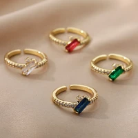 ins colorful geometric rectangle stone zircon ring opening adjustable wedding couple ring luxury jewelry accessories for women