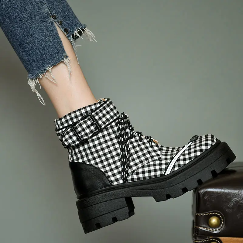 

Retro Plaid Thick Bottom Chunky Martens Boots Women's 2021 Autumn and Winter New British Trendy Square Toe High Heel Ankle Boots
