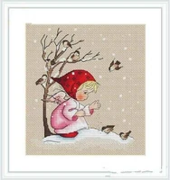 mm little girl feeding birds cross stitch kit cartoon girl in winter design linen flaxen canvas embroidery diy needlework