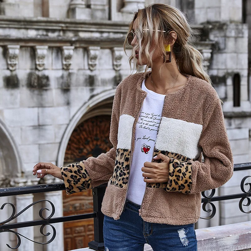 Женская меховая куртка на молнии с круглым вырезом и карманами|Женские куртки| |