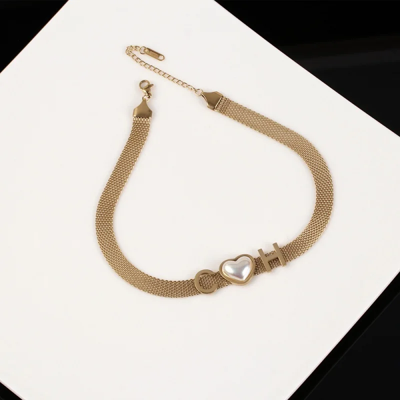

Женское Ожерелье из нержавеющей стали высокого качества, браслеты из звеньев цепи, модные браслеты с буквами и жемчугом в форме сердца для ж...