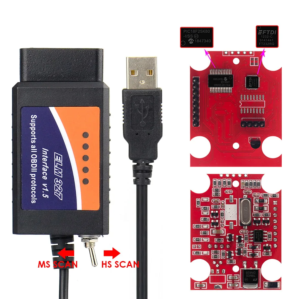 ELM327 V1.5 USB Switch PIC18F25K80 + FTDI Chip ELM 327 HS CAN/MS CAN For Forscan OBD2 Diagnostic Tool Code Scanner Free shipping |