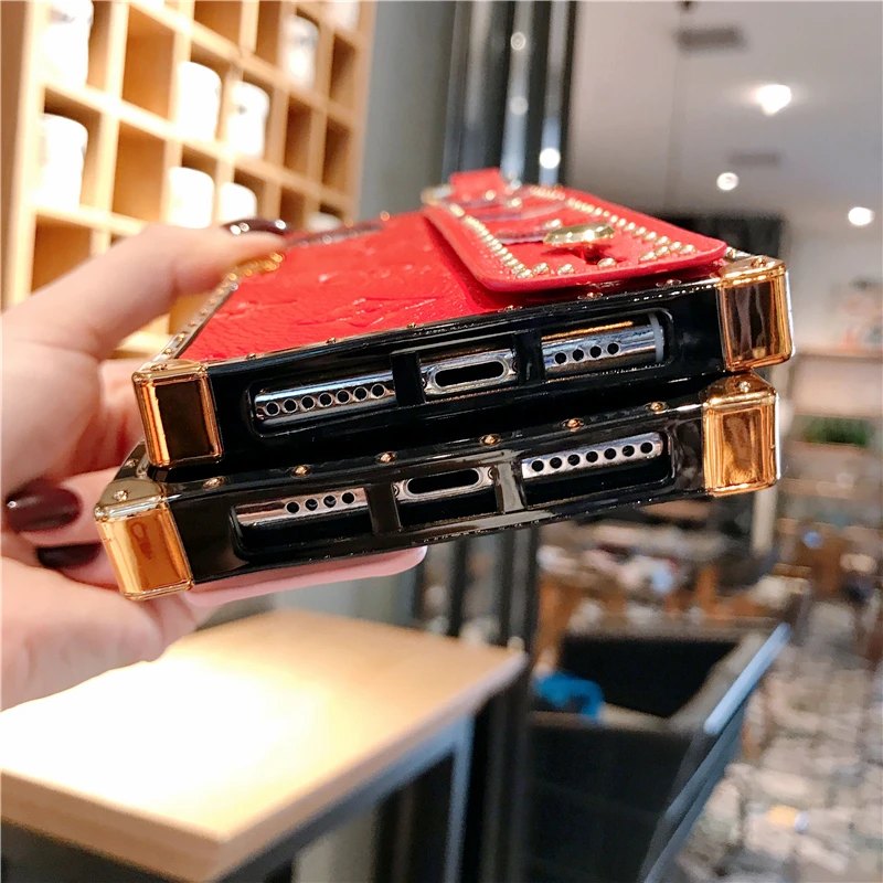 Ремешок на запястье из натуральной кожи, чехол для телефона для iPhone 11 pro XS Max X XR 8 7 6 Plus, роскошная квадратная задняя крышка с заклепками