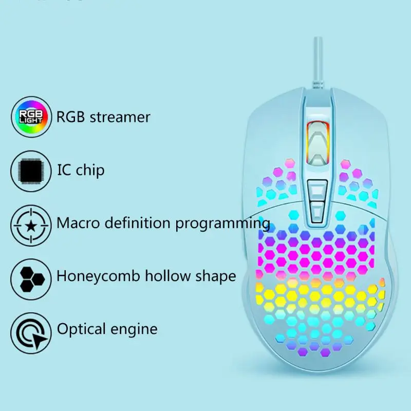 

Wired Gaming Mouse Hollow Honeycomb Pattern Game Mice with RGB Colorful Light B95C