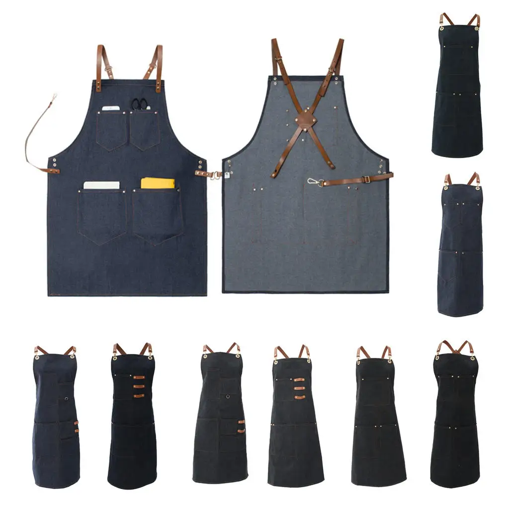 

Ladies Men Leather Strap Denim Bib Apron BBQ Florist Baker Bartender Barista Chef Work Uniform