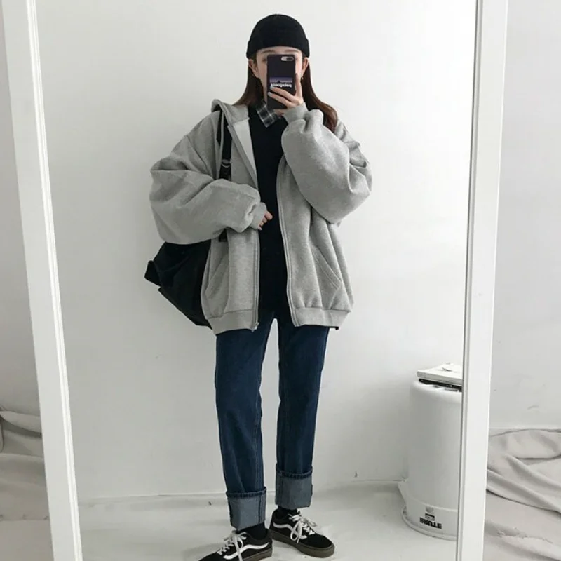 

Hooded Jackets Womens Warm All-match New Simple Popular Basic Clothes Plus Velvet Solid Loose Bf Oversize Vintage Korean Simple