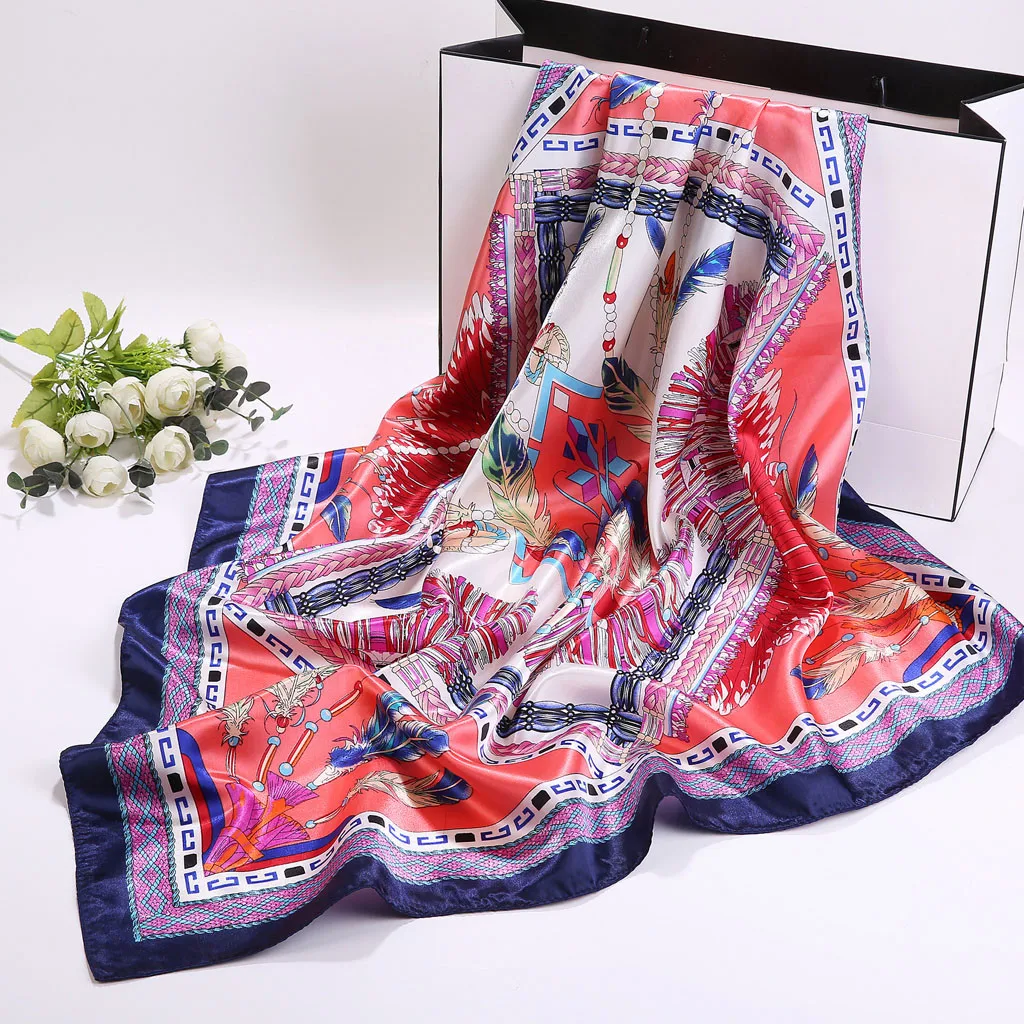 Шелковые шарфы для женщин с принтом перьев атласные хиджаб квадратной головкой