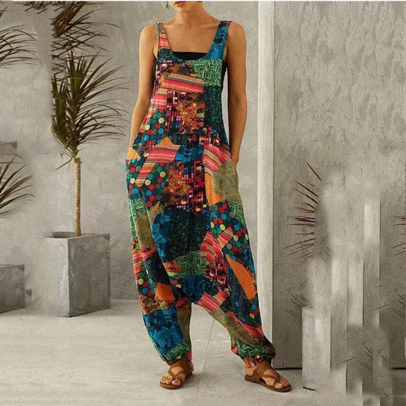 

Summer Streetwear Women Vintage Print Jumpsuits 2021 Fashion Sleeveless Pocket Loose Overalls Casual Cool Colorful Playsuits 3XL