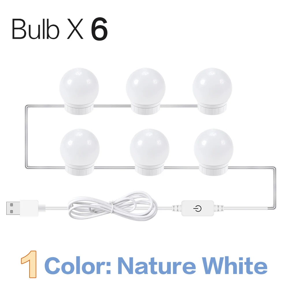 Nature White 6 Bulbs Голливудский Led-зеркало для макияжа светильник на каждый день, 3 цвета Плавная затемнения туалетный столик, Ванная комната светодиодный настенный светильник USB макияжа с светильник Инж - Цвет абажура: Nature White 6 Bulbs
