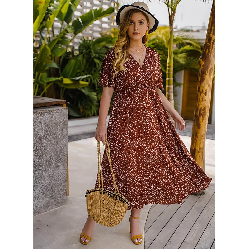 Floral Dress Summer V Neck Plus Size 4XL Short Sleeve Calf Skirt Women's Slim Waist Chiffon Long Leisure Seaside Vacation