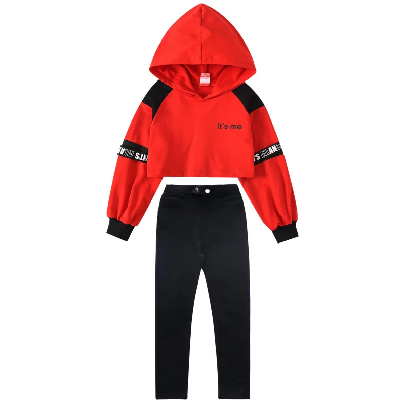 Танцевальные костюмы в стиле хип-хоп для девочек красный топ с капюшоном одежда