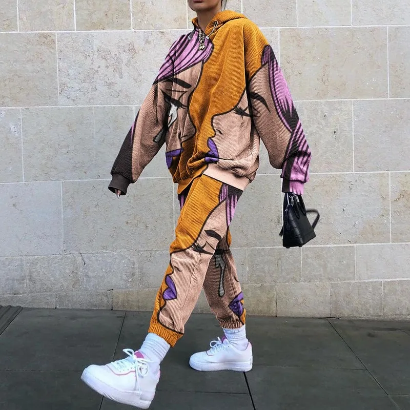Lugentolo Abstract Print Two Piece Set Women Spring Fashion Hooded Long Sleeve Elastic Waist Sports Casual Set