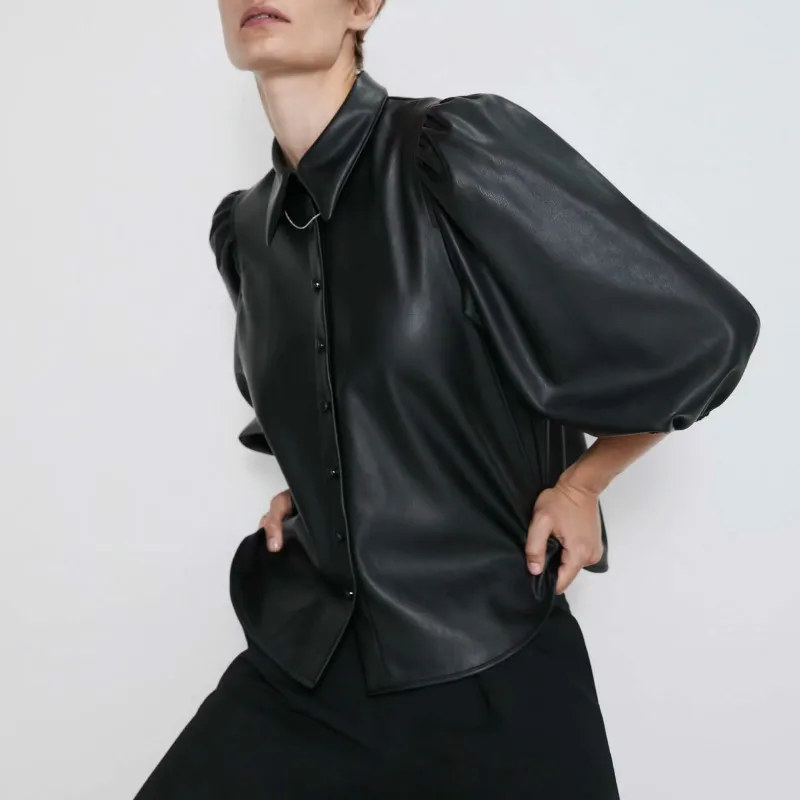 Женская рубашка с отложным воротником пиджак из искусственной кожи длинными