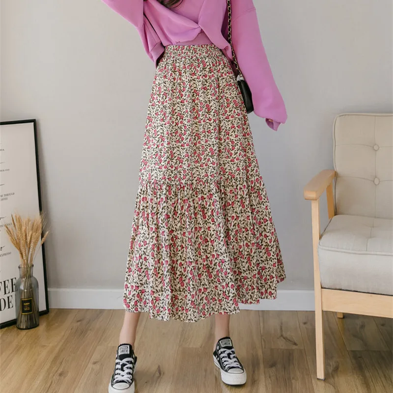 

Korean Fashion Skirts High-waisted Long Woman Skirt Summer Floral Mid-calf Vintage Skirts Women Clothing Red Skirt for Female OL