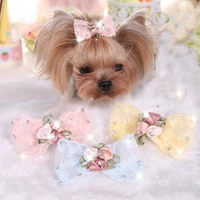 small dog hairpins pet buling rhinestone lace embroidered hair clip exquisite head flash decoration for puppy hairpins decor