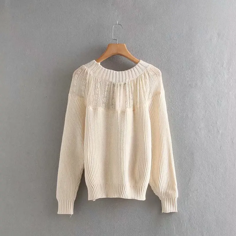 ZA women winter sweaters o-neck lace patchwork long sleeve knitted pullover 2019 new autumn casual loose elegant cream sweater | Женская