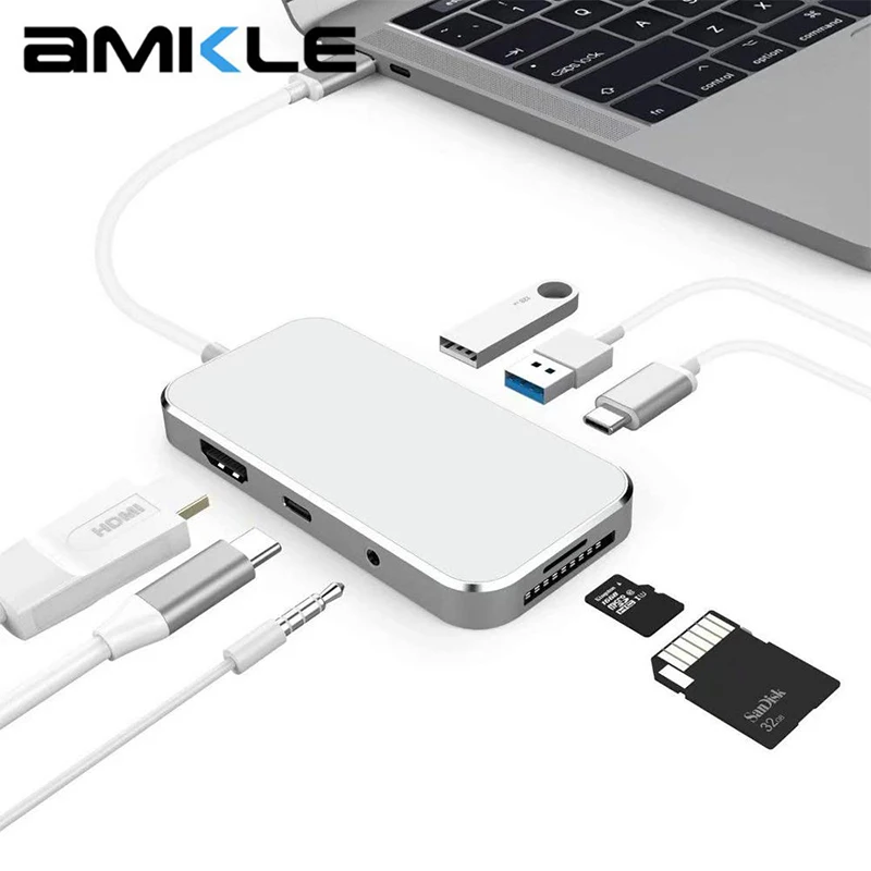 Amkle 7in1 USB C концентратор Тип совместимому с HDMI SD/TF 3 5 мм адаптер ключ для MacBook Pro