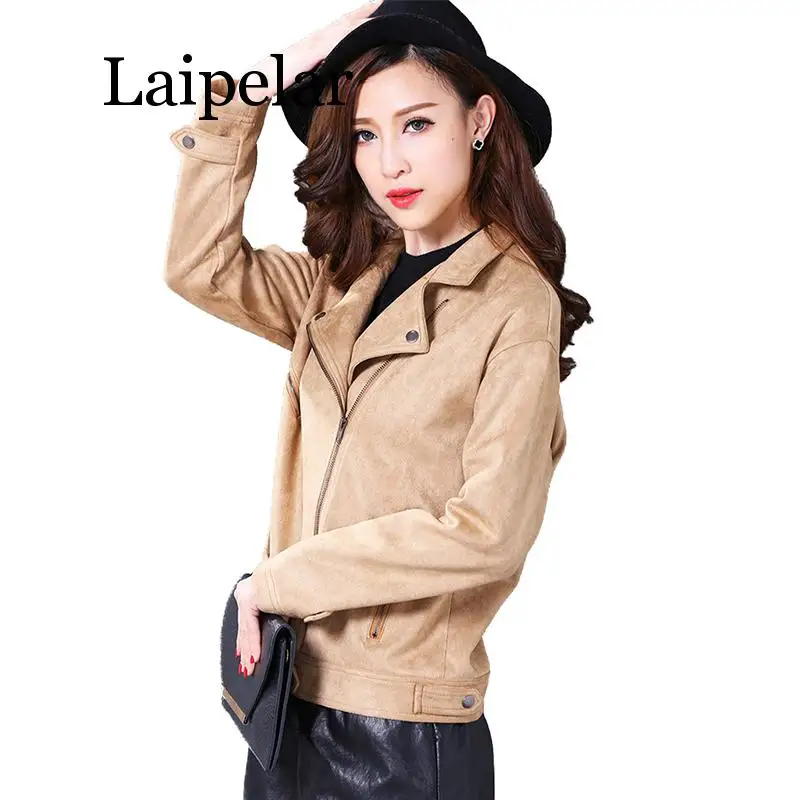 

Fashion Spring Autumn Buckskin Suede Short Jacket Women Plus Size Windbreaker Casual Tops Female Loose Zipper Basic Outwear