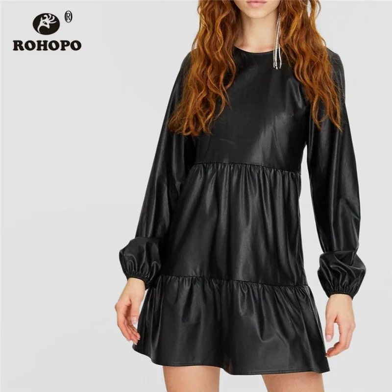 ROHOPO длинный рукав каскадные оборки искусственная кожа Черное мини платье