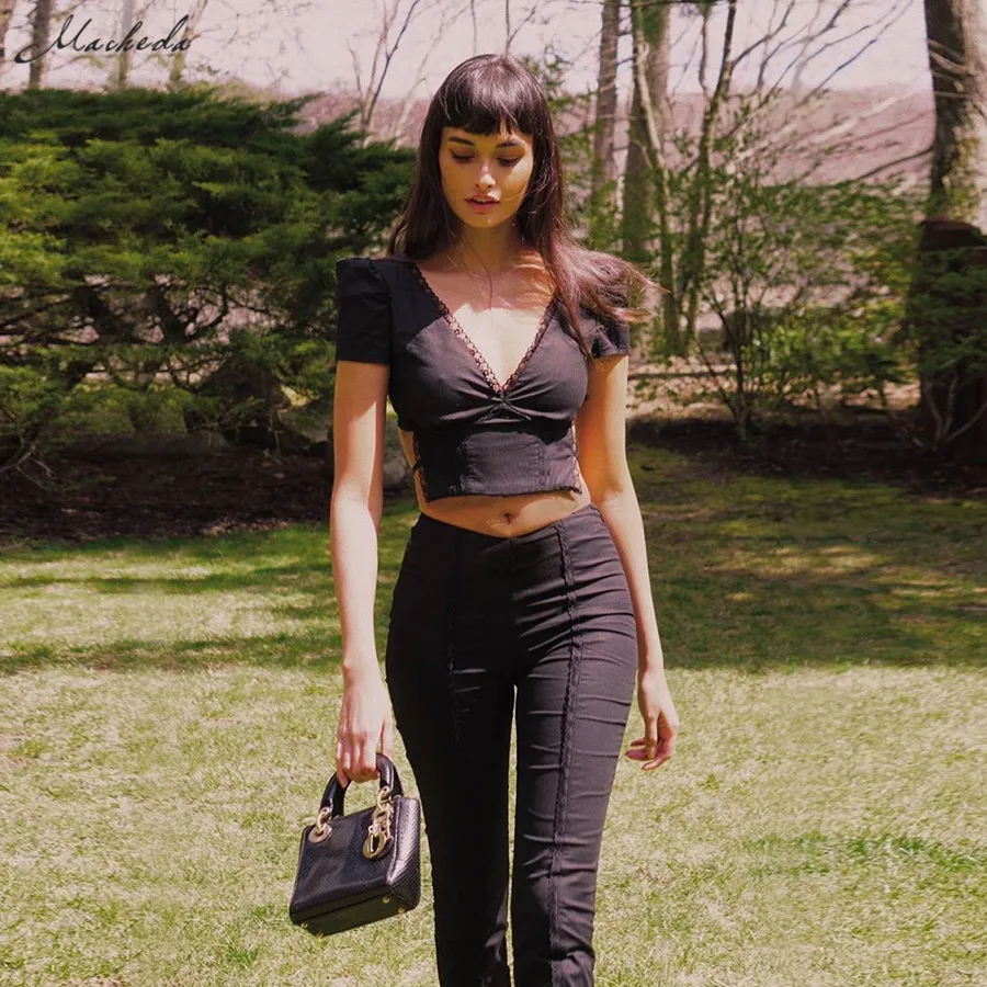 Женская футболка с открытой спиной и V-образным вырезом кружевом | одежда