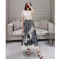2021 summer new retro jungle striped print skirt womens bow tie high waist leisure vacation pure cotton pleated a line skirt xl