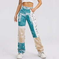 patchwork jeans women high waist wide leg denim pants raw hem spliced chinese pattern print baggy trousers fashion 2021 female
