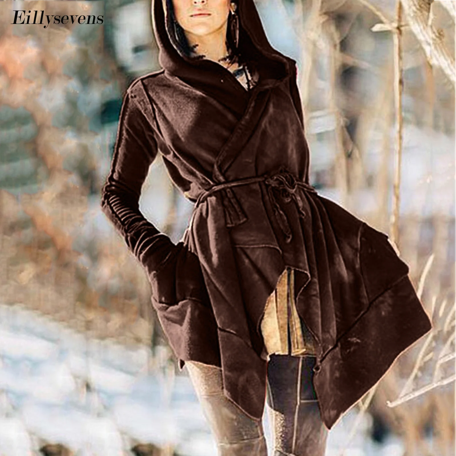 Женский Длинный тренчкот с капюшоном фиолетовая или коричневая Повседневная