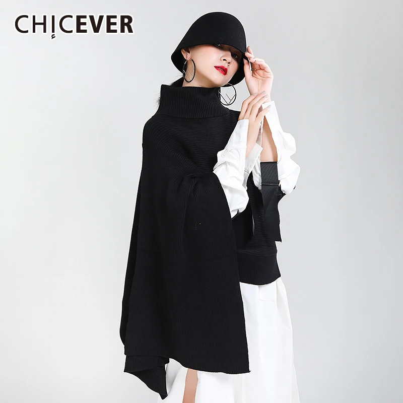 

CHICEVER черный свитер для женщин водолазка рукав летучая мышь асимметричный дизайн пуловеры Женская одежда 2021 корейская мода