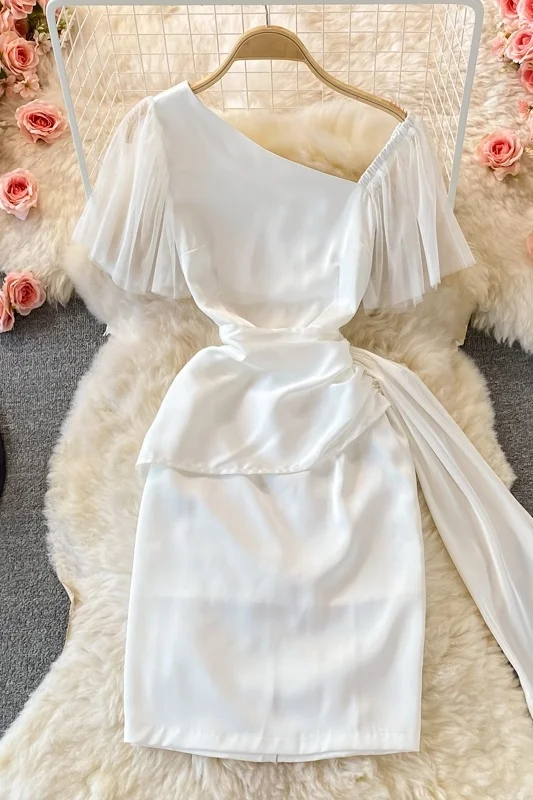 

Fashion Girls Sexy Slant Collar Pleated White Dress Women's Bocydon Short Sleeve Dress Ladies Mesh Stitching Mini Short Dress