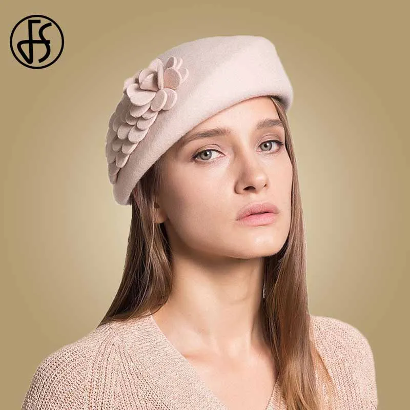Beige Wool Beret Женский повседневный берет из фетра FS, шляпка-берет из австралийской шерсти, с декоративным цветком, бежевого цвета - Цвет: Beige Wool Beret