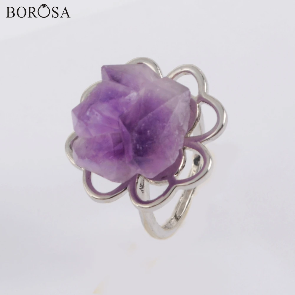 

BOROSA Natural Purple Quartz Cluster Ring Raw Amethysts Silver Color Ring Women Rings Jewelry Wedding Rings ZG0436