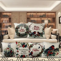 christmas cushion covers flower bird funda cojin linen sofa pillow covers for home sofa decoration wreath pillowcase