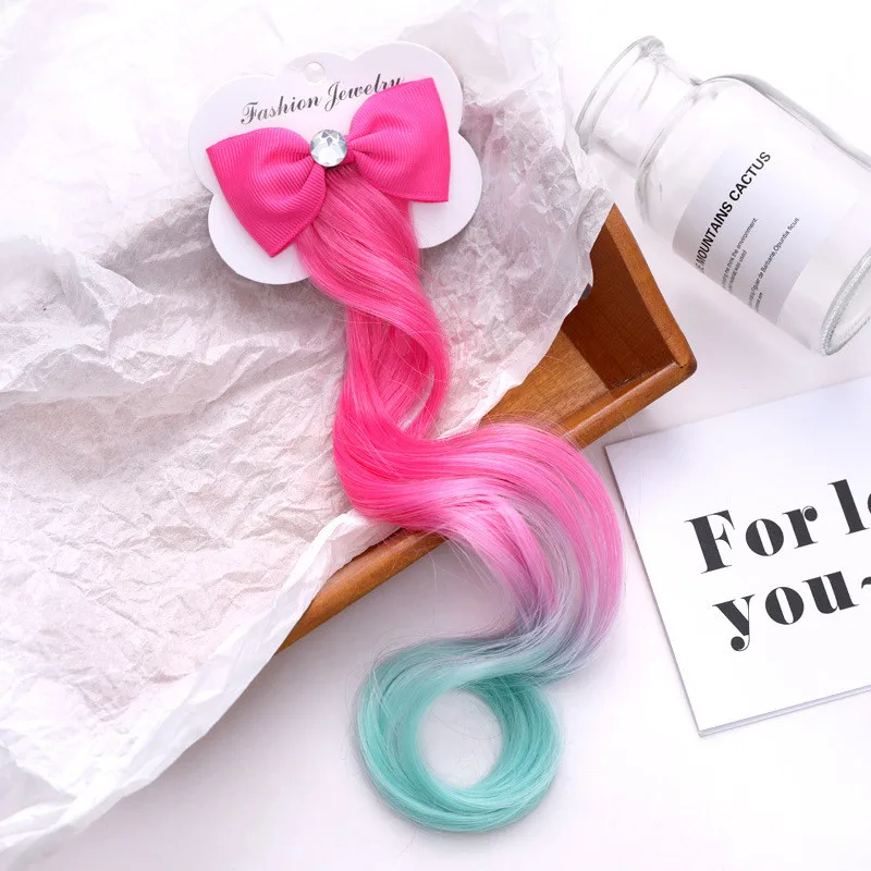 

New Girls Lovely Gradient Colorful Wigs Bow Hairpins Princess Hair Ornament Headband Hair Clips Barrettes Kids Hair Accessories