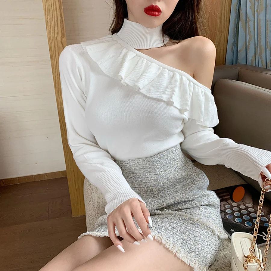 

SHEYIJUN Women Pullovers Sweater New Sexy Off Shoulder Ruffled Long Sleeve Knitted Autumn Spring Fashion Elegant Ladies Tops