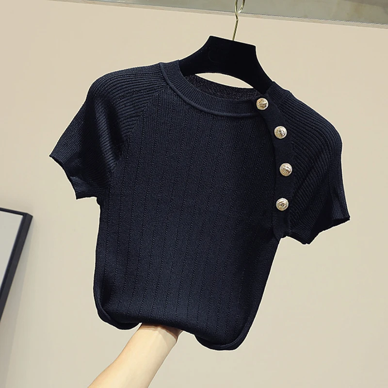 

2022 Summer Black White Kintted Women Tshirt Slim Korean Clothes O Neck Casual Short Sleeve T-shirts Female Tee Shirts Top Femme