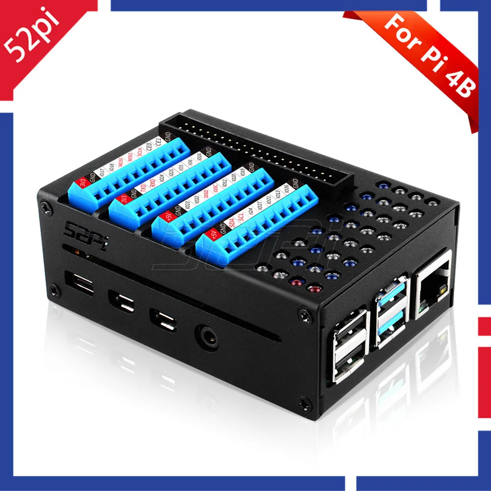 Raspberry pi Modelo b Gpio Placa Terminal com Led Caixa de Metal para Raspberry pi 4b 52pi Acessórios p/ quadro de demonstração