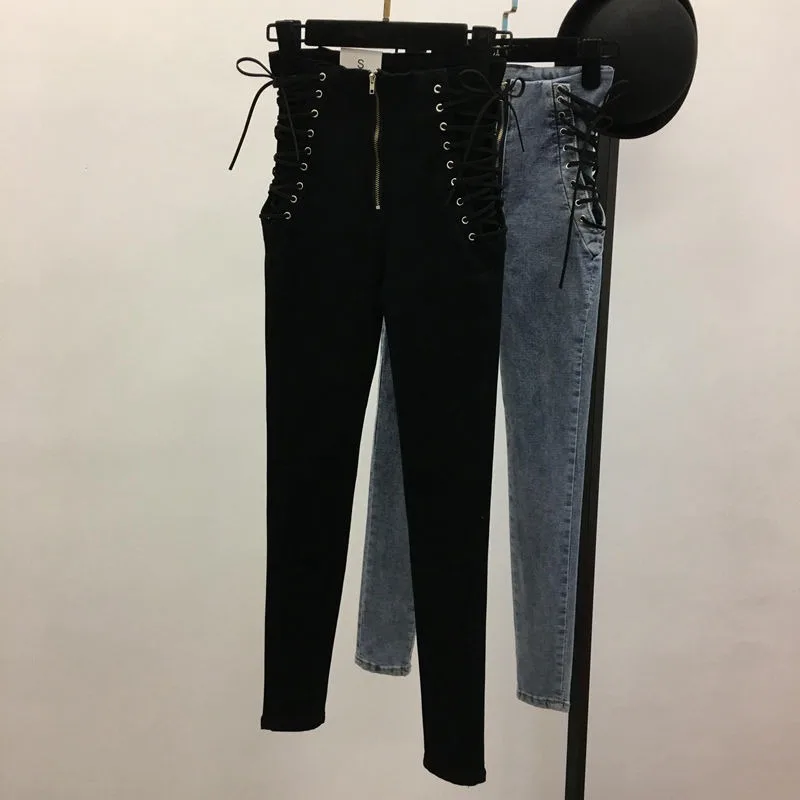 

Ladies high waist jeans ladies sexy black blue elastic tight pencil pants girls zipper straps denim trousers women pants