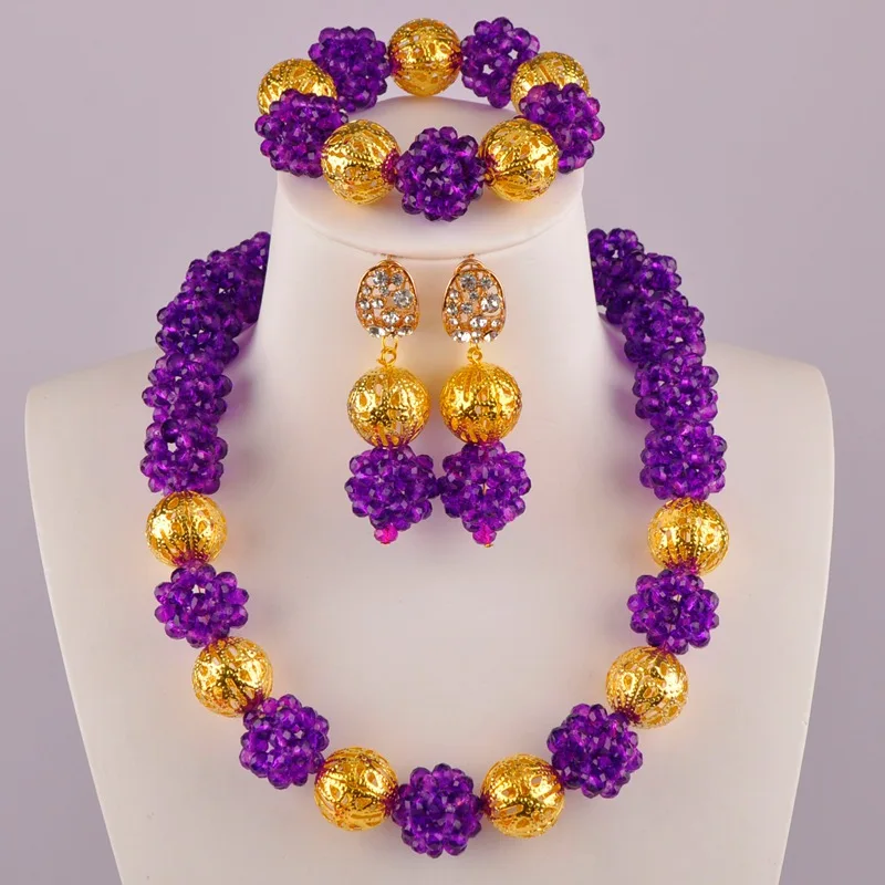 

flash crystal bead african necklace purple jewelry set nigerian wedding beads costume jewelry sets 1-6JSQ-04
