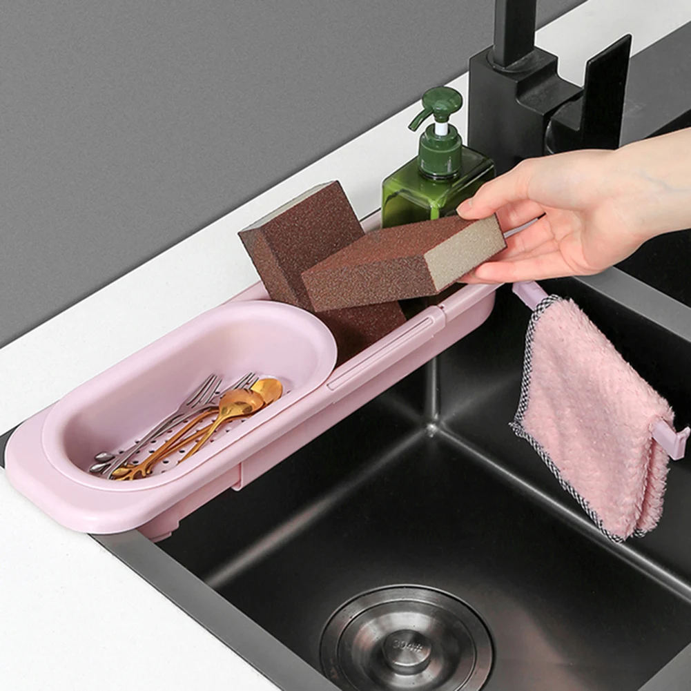 

Telescopic Sink Shelf Kitchen Storage Rack Soap Sponge Drain Rack Basket Faucet Holder Adjustable Bathroom Sink Organizer Case