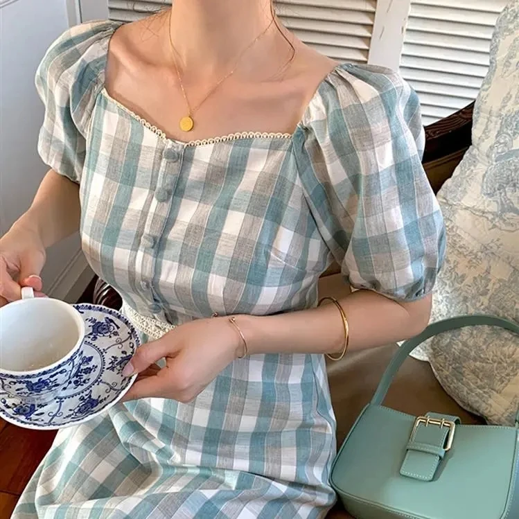 

2021 Heydress Elegant Plaid Botton Square Collar Puff Sleeve High Waist Dress Casual