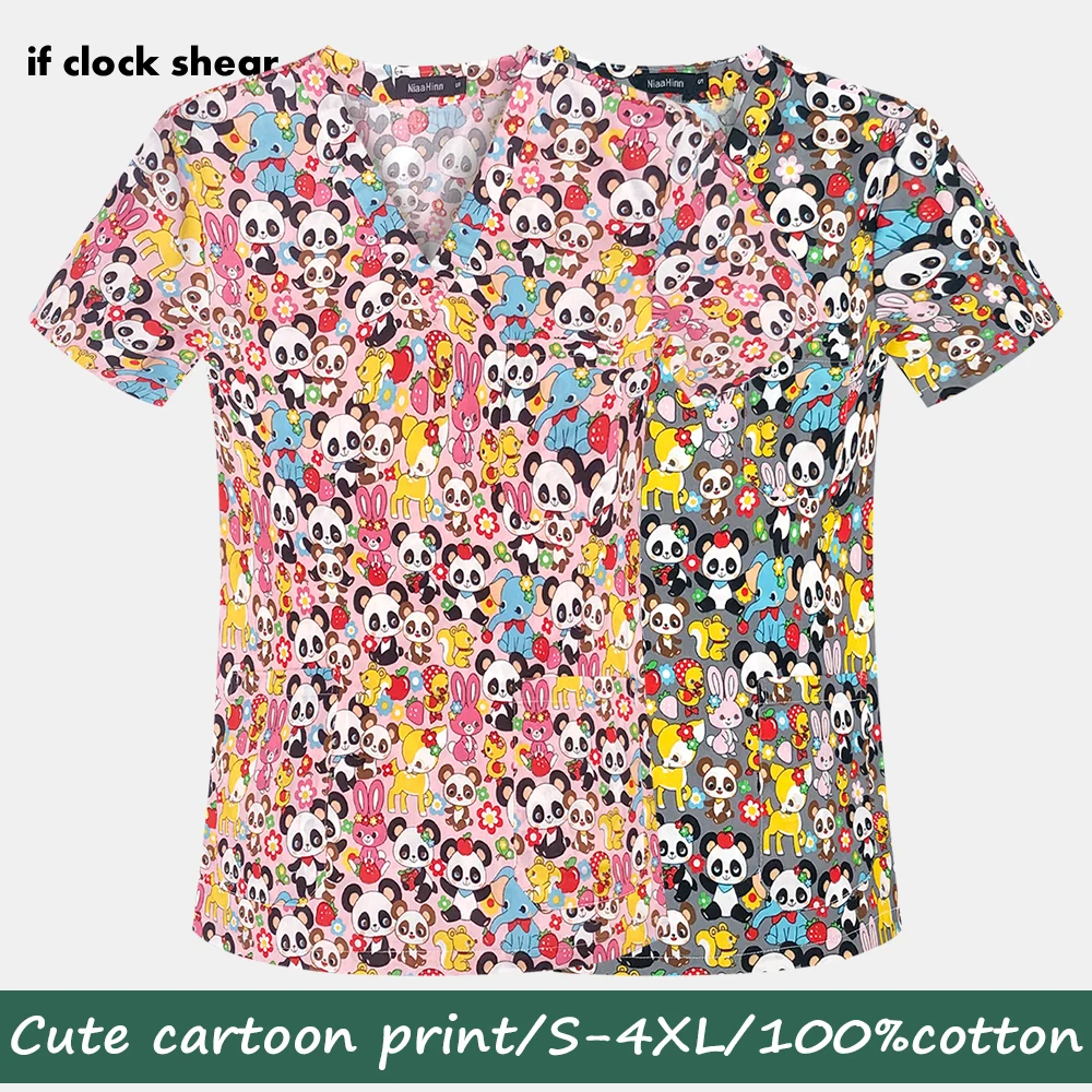 

Cute Animal Printed Nursing Scrubs Tops Casual Short Sleeved Scrubs Uniforms Cotton Nurse Blouse V-neck Work Clothes Men&Women