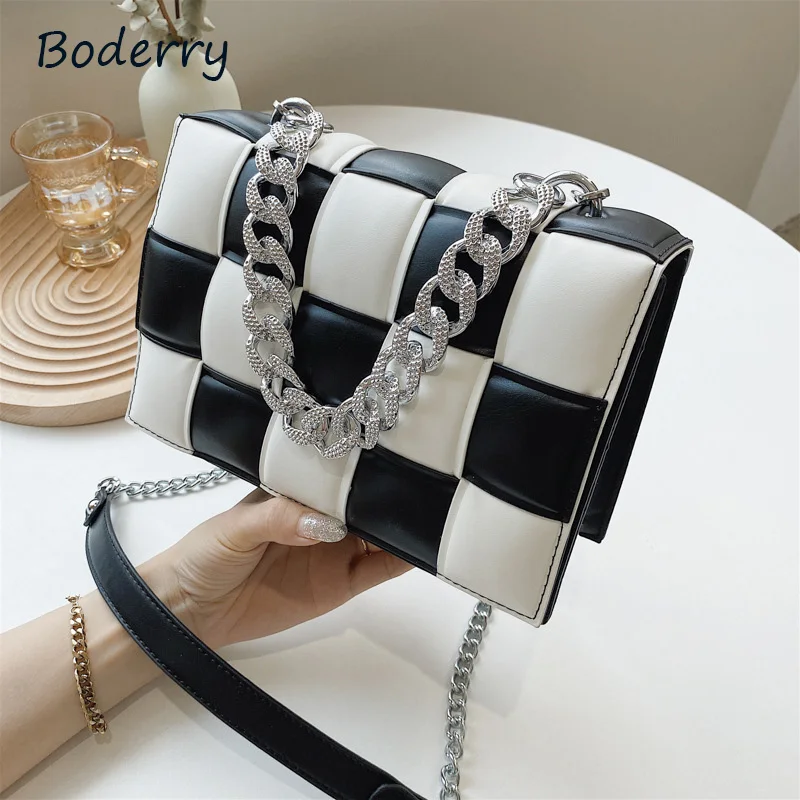 

Boderry 2021 New Arrivals Fashion Woven Color Contrast Handbag PU Leather Square Women's Bag High-Quality Chain Crossbody Bag