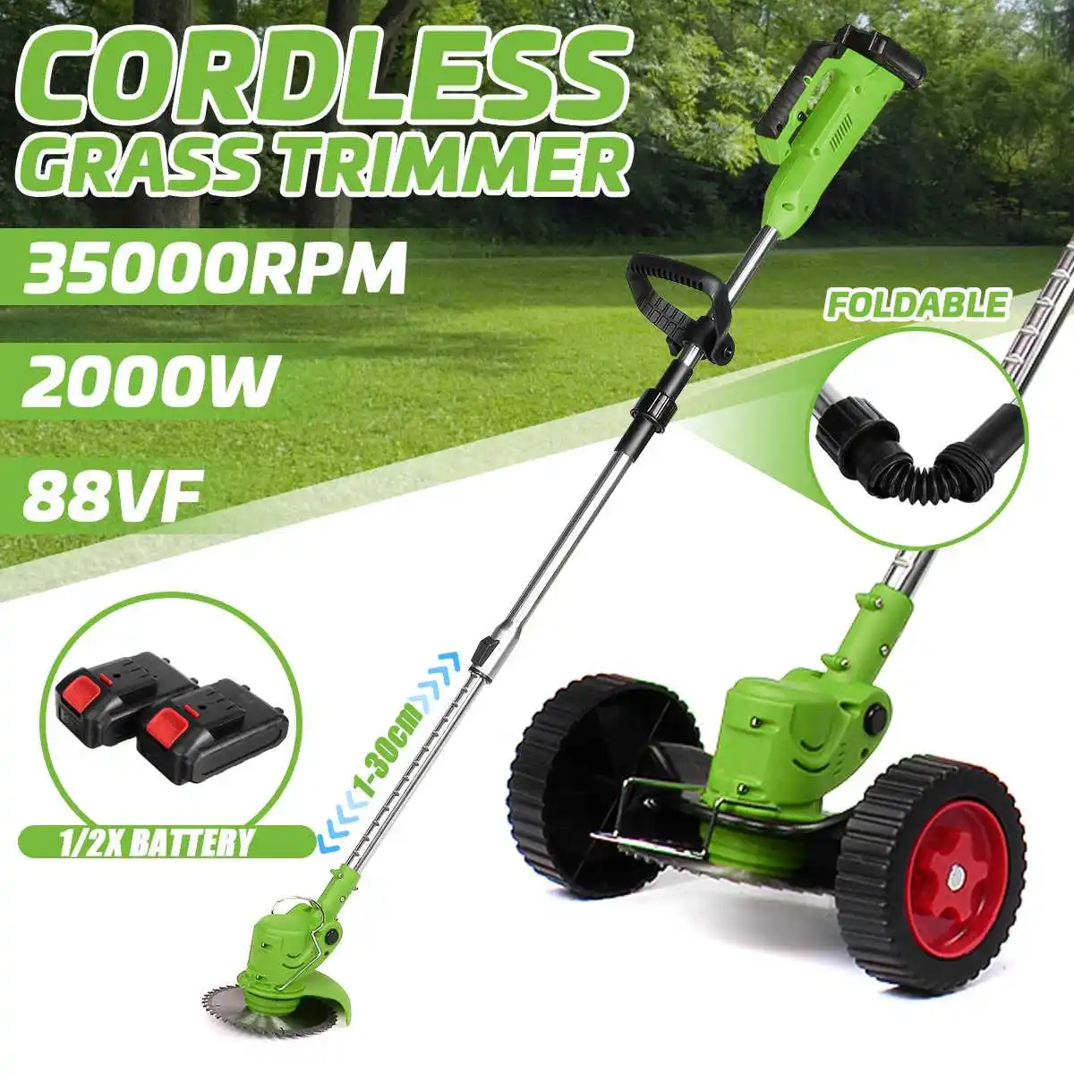 

2000W 88Vf Cordless Electric Grass Trimmer Lawn Mower Weeds Brush Length Adjustable Collapsible Cutter Garden Tools 2Pcs Battery