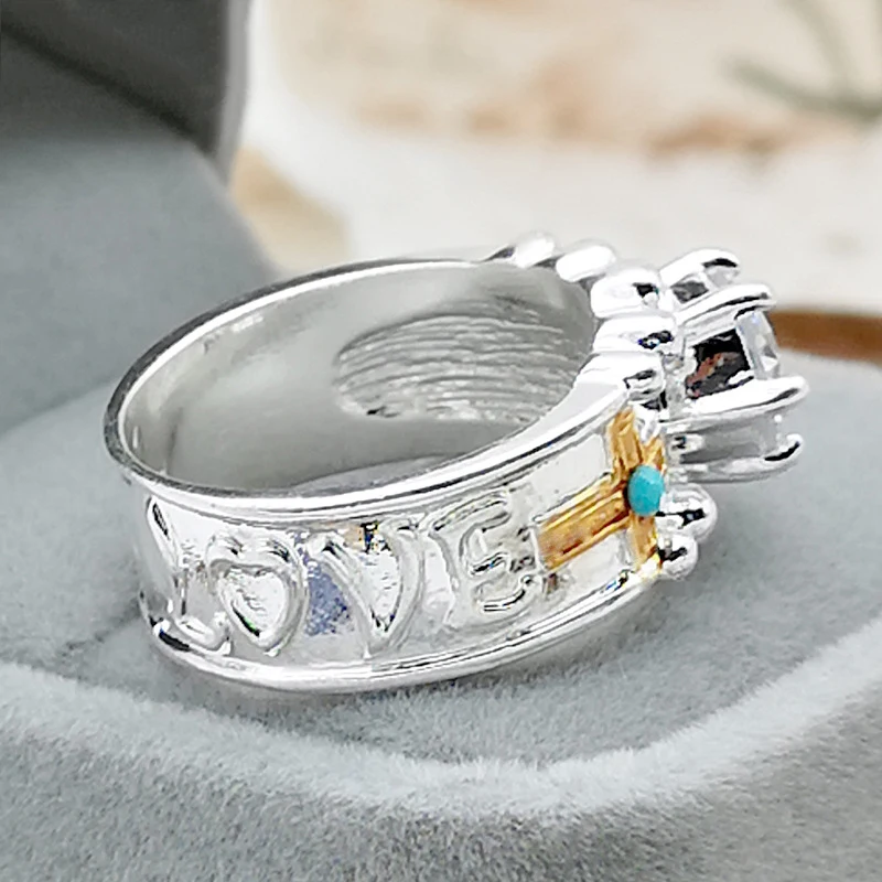 

Luxury Female White Round Crystal Ring Vintage Silver Color Wedding Rings For Women Promise Zircon Heart Cross Engagement Ring