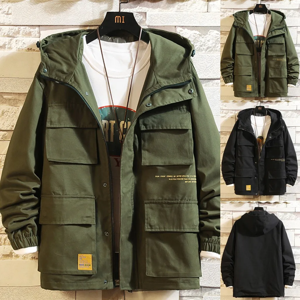 Мужской стиль сафари куртки мульти карман с капюшоном ветронепроницаемое