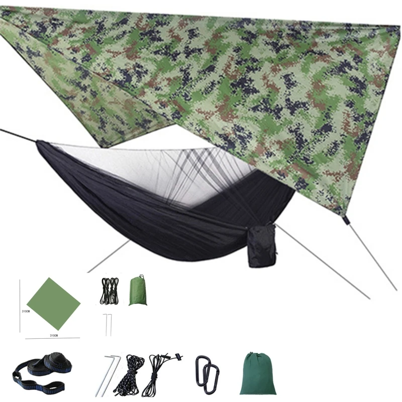 

Camping Hammock with Mosquito Net and Tarp Rain Cover and Tree Straps 200kg Load Capacity 290 x 140 cm Nylon Double Hammock T5EB