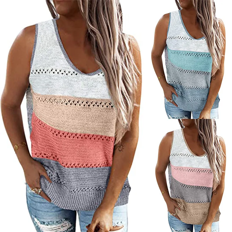 

Contrast Hollow Out Sleeveless V-neck Knitted Vest Tank Basic Cropped Pullovers Cute Casual Women Tops